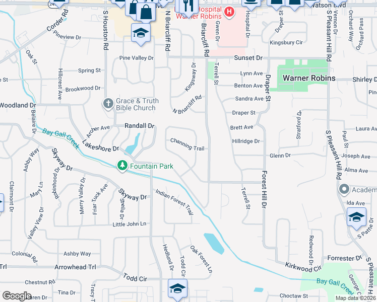 map of restaurants, bars, coffee shops, grocery stores, and more near 202 Channing Terrace in Warner Robins