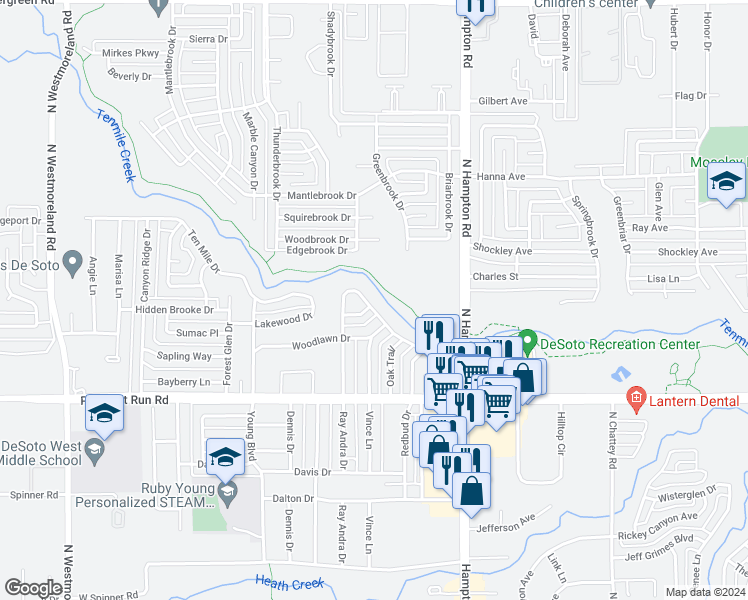 map of restaurants, bars, coffee shops, grocery stores, and more near 313 Woodhaven Drive in DeSoto