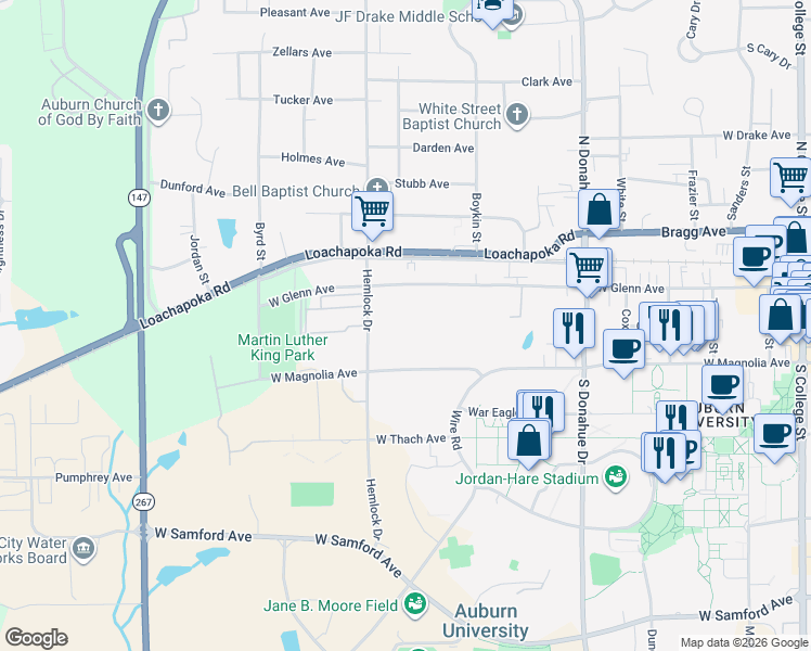 map of restaurants, bars, coffee shops, grocery stores, and more near 647 Black Avenue in Auburn