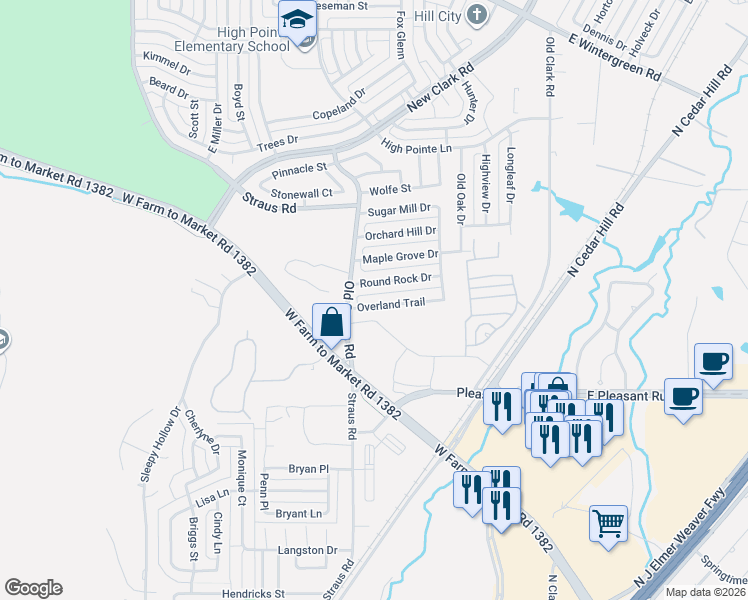 map of restaurants, bars, coffee shops, grocery stores, and more near 463 Overland Trail in Cedar Hill