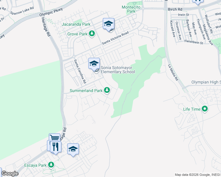 map of restaurants, bars, coffee shops, grocery stores, and more near 1831 Santa Christina Avenue in Chula Vista