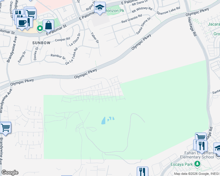 map of restaurants, bars, coffee shops, grocery stores, and more near Olympic Parkway in Chula Vista