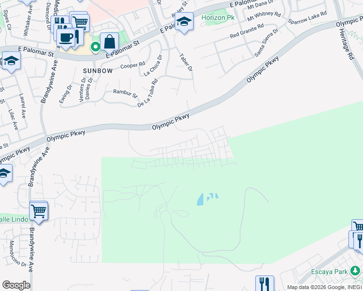map of restaurants, bars, coffee shops, grocery stores, and more near Olympic Parkway in Chula Vista