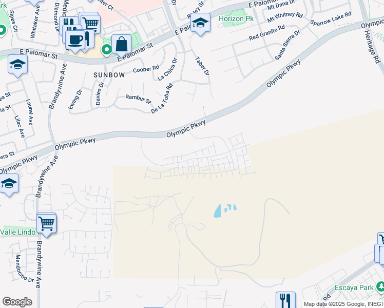 map of restaurants, bars, coffee shops, grocery stores, and more near Olympic Parkway in Chula Vista