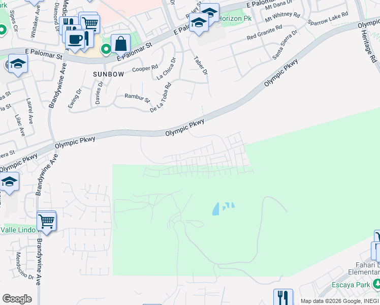 map of restaurants, bars, coffee shops, grocery stores, and more near Olympic Parkway in Chula Vista