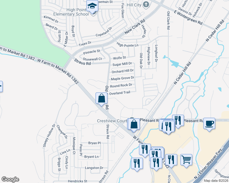 map of restaurants, bars, coffee shops, grocery stores, and more near 463 Overland Trail in Cedar Hill