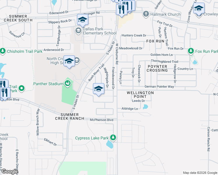 map of restaurants, bars, coffee shops, grocery stores, and more near 9201 Friendswood Drive in Fort Worth
