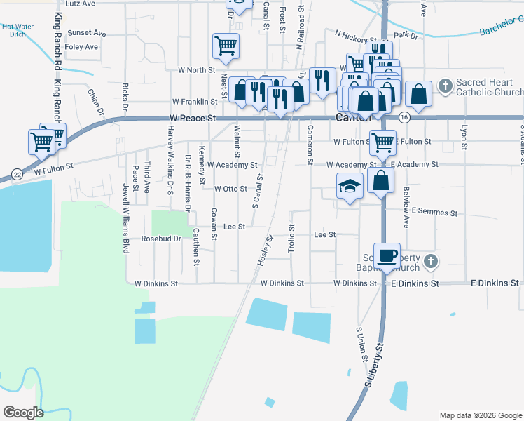 map of restaurants, bars, coffee shops, grocery stores, and more near 12 South Canal Street in Canton