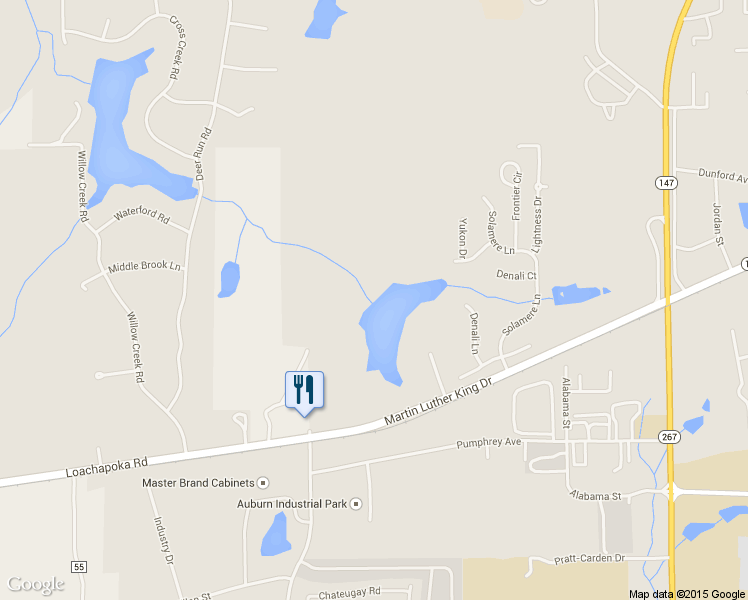 map of restaurants, bars, coffee shops, grocery stores, and more near 1950 Martin Luther King Drive in Auburn