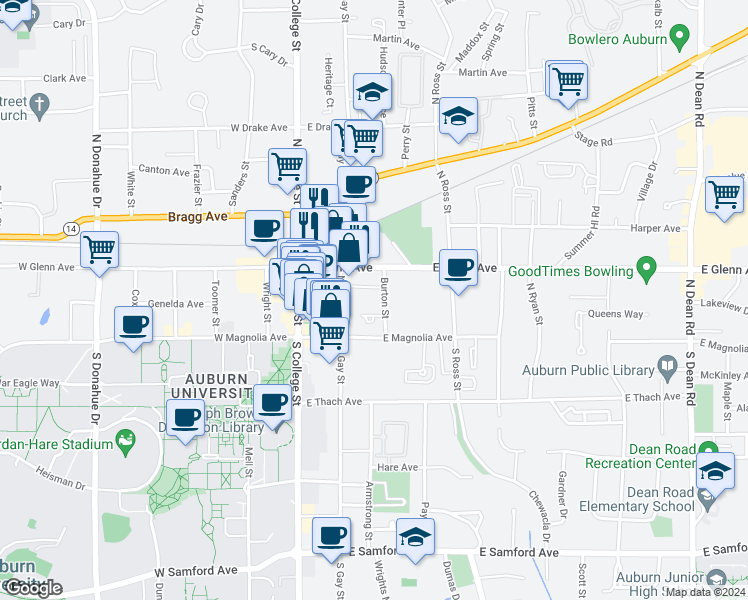 map of restaurants, bars, coffee shops, grocery stores, and more near 230 East Glenn Avenue in Auburn
