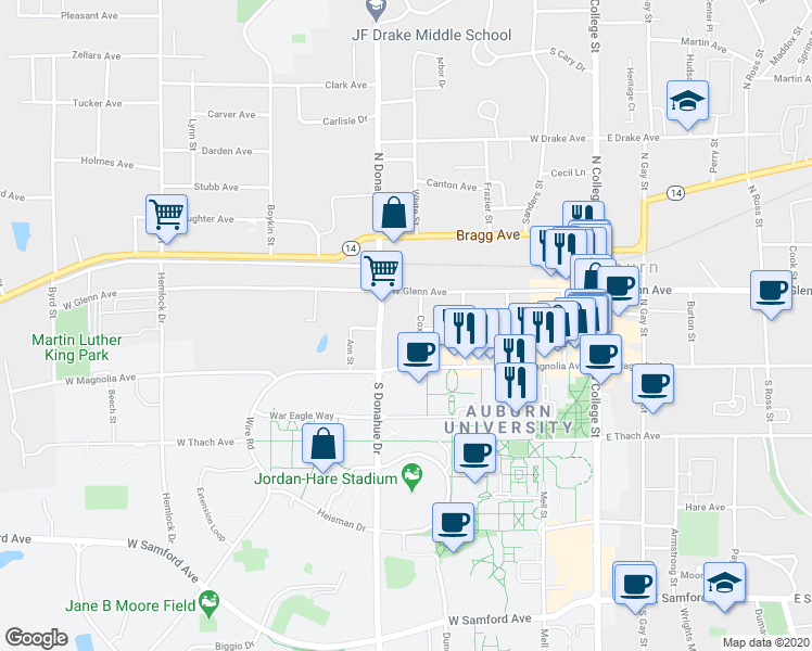 map of restaurants, bars, coffee shops, grocery stores, and more near 149 Cox Street in Auburn
