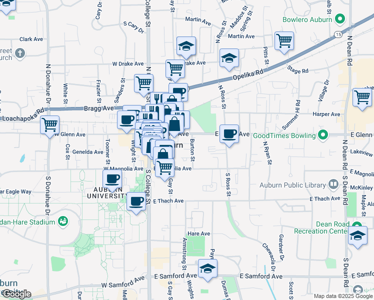 map of restaurants, bars, coffee shops, grocery stores, and more near 230 East Glenn Avenue in Auburn