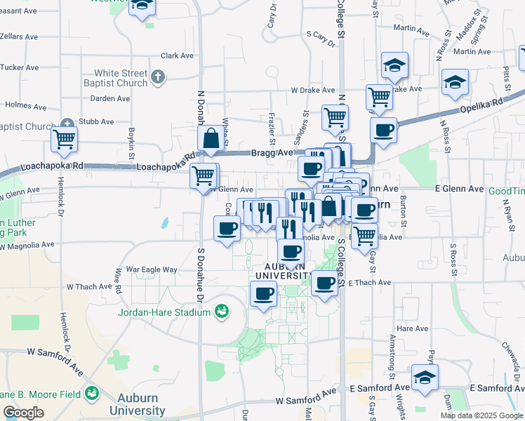 map of restaurants, bars, coffee shops, grocery stores, and more near 331 West Glenn Avenue in Auburn