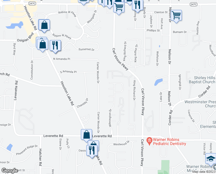 map of restaurants, bars, coffee shops, grocery stores, and more near 107 Caswell Court in Warner Robins