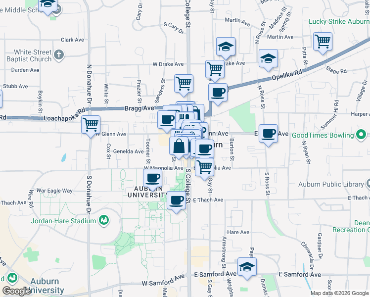 map of restaurants, bars, coffee shops, grocery stores, and more near 165 North College Street in Auburn