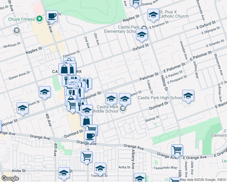 map of restaurants, bars, coffee shops, grocery stores, and more near 5 Palomar Street in Chula Vista