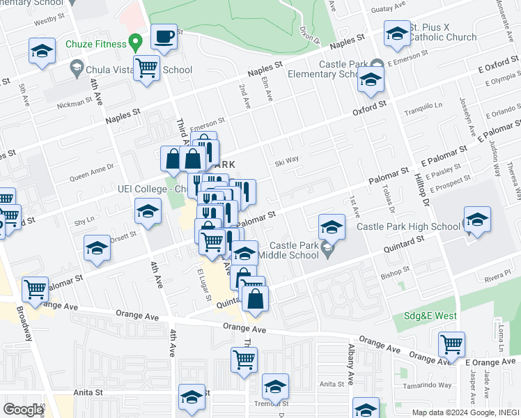 map of restaurants, bars, coffee shops, grocery stores, and more near 1282 2nd Avenue in Chula Vista