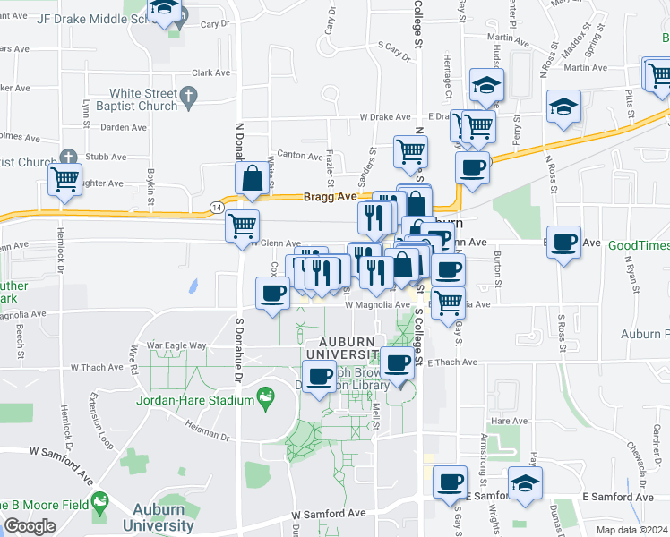map of restaurants, bars, coffee shops, grocery stores, and more near 331 West Glenn Avenue in Auburn