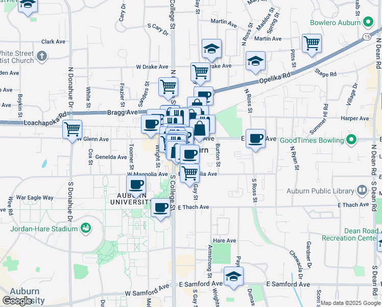 map of restaurants, bars, coffee shops, grocery stores, and more near 144 Tichenor Avenue in Auburn