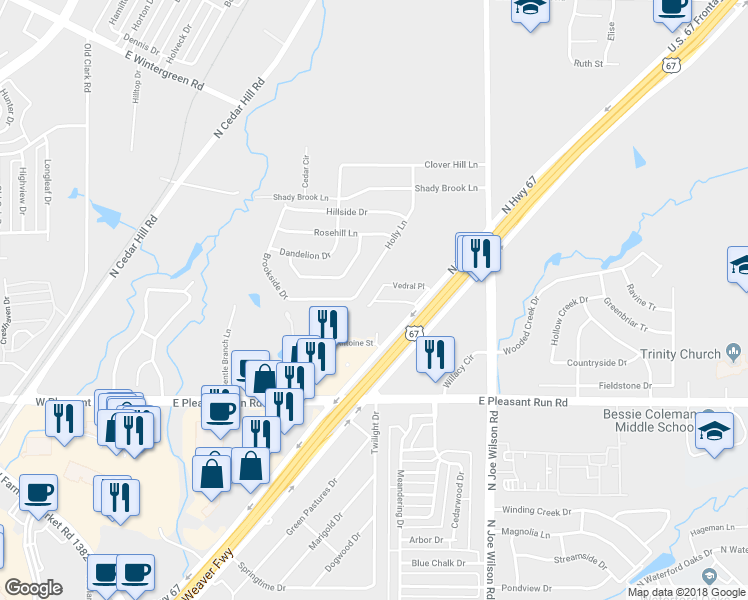 map of restaurants, bars, coffee shops, grocery stores, and more near 917 Vedral Place in Cedar Hill