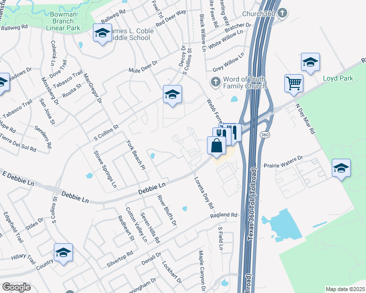 map of restaurants, bars, coffee shops, grocery stores, and more near 8224 Webb Ferrell Road in Arlington