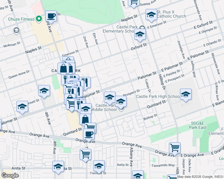 map of restaurants, bars, coffee shops, grocery stores, and more near 172 Palomar Street in Chula Vista