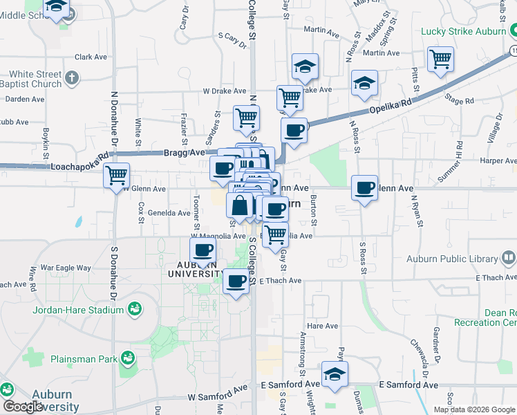 map of restaurants, bars, coffee shops, grocery stores, and more near 152 North College Street in Auburn