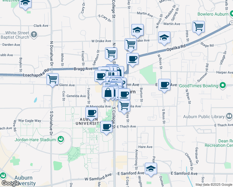 map of restaurants, bars, coffee shops, grocery stores, and more near 152 North College Street in Auburn