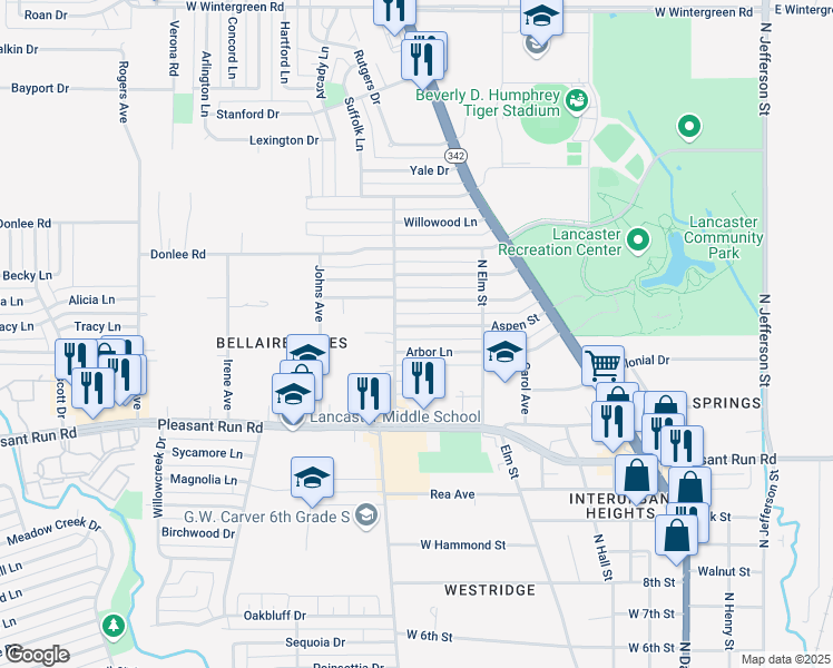 map of restaurants, bars, coffee shops, grocery stores, and more near 609 Aspen Street in Lancaster
