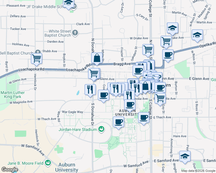 map of restaurants, bars, coffee shops, grocery stores, and more near 366 Genelda Avenue in Auburn