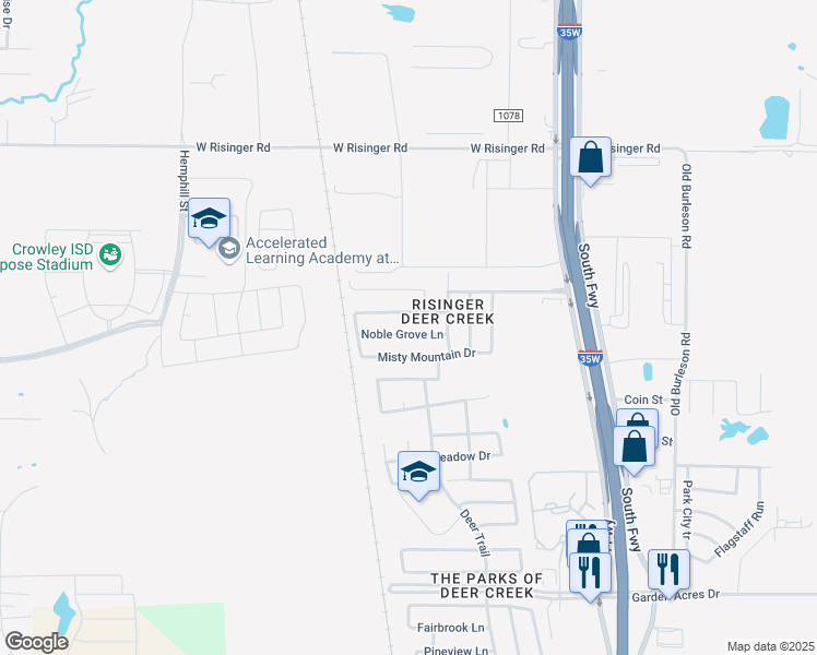 map of restaurants, bars, coffee shops, grocery stores, and more near 536 Noble Grove Lane in Fort Worth