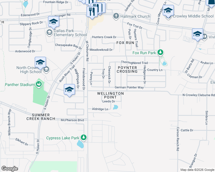 map of restaurants, bars, coffee shops, grocery stores, and more near 9205 Troy Drive in Fort Worth