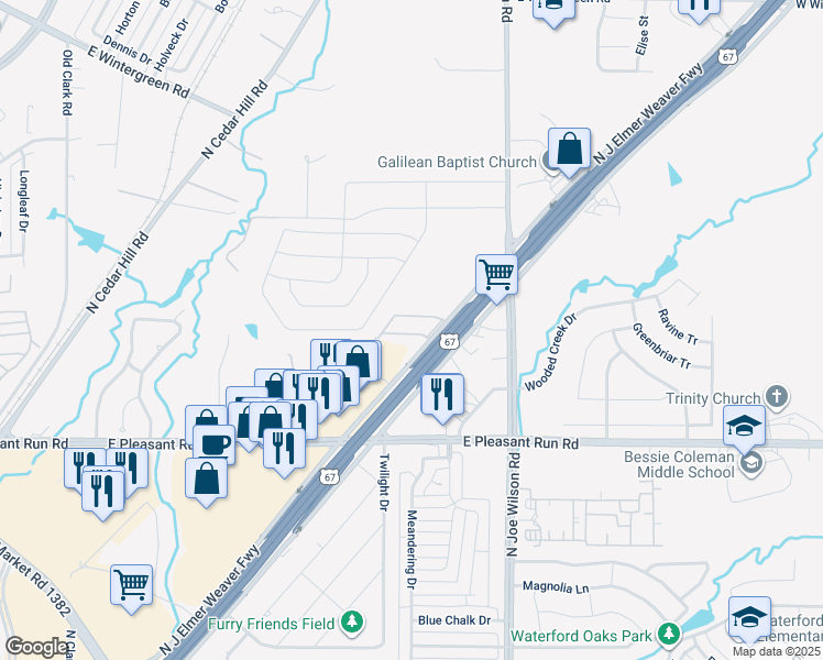 map of restaurants, bars, coffee shops, grocery stores, and more near 910 Cedar Terrace in Cedar Hill