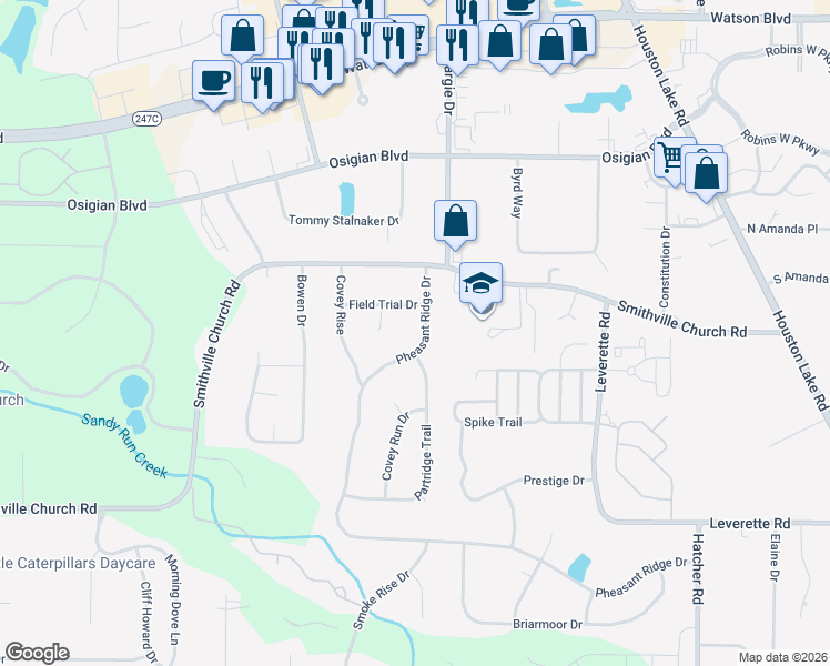 map of restaurants, bars, coffee shops, grocery stores, and more near 110 Pheasant Ridge Drive in Warner Robins