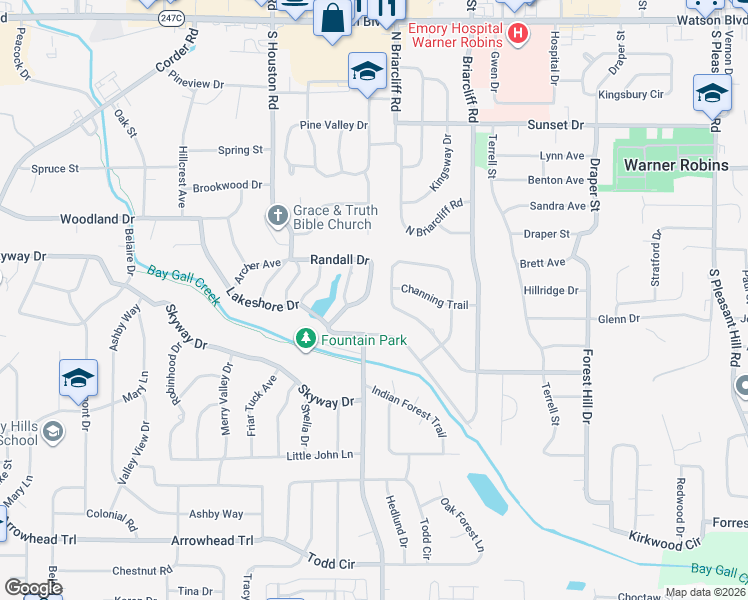 map of restaurants, bars, coffee shops, grocery stores, and more near 224 Randall Drive in Warner Robins
