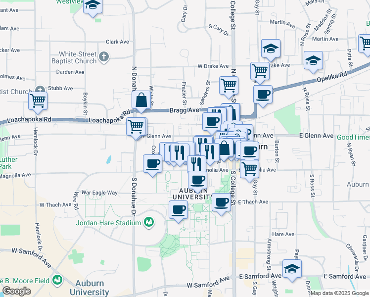 map of restaurants, bars, coffee shops, grocery stores, and more near 331 West Glenn Avenue in Auburn