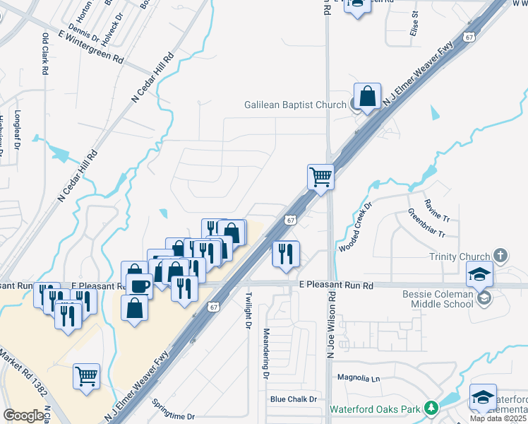 map of restaurants, bars, coffee shops, grocery stores, and more near 1018 Vedral Place in Cedar Hill