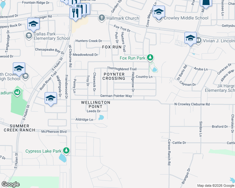 map of restaurants, bars, coffee shops, grocery stores, and more near 4005 Irish Setter Drive in Fort Worth
