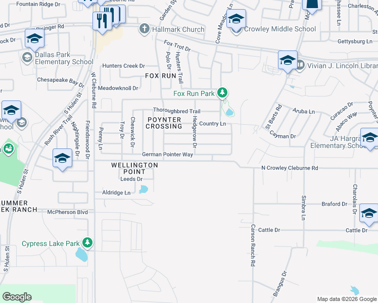 map of restaurants, bars, coffee shops, grocery stores, and more near 3944 German Pointer Way in Fort Worth