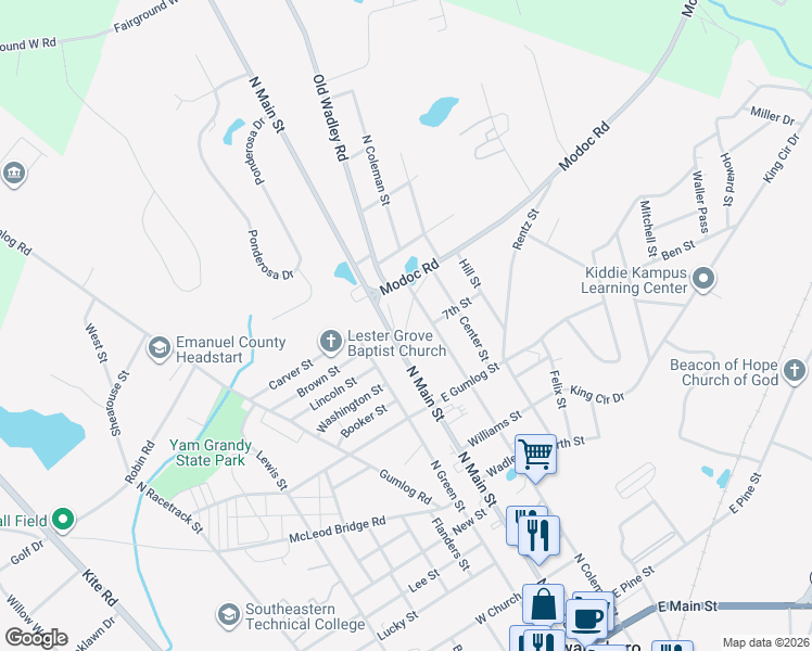 map of restaurants, bars, coffee shops, grocery stores, and more near 127 Modoc Road in Swainsboro