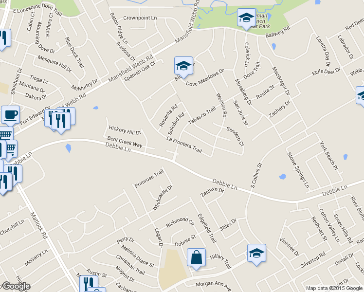 map of restaurants, bars, coffee shops, grocery stores, and more near 8179 La Frontera Trail in Arlington