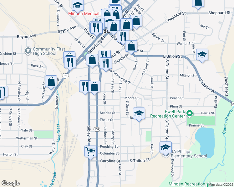 map of restaurants, bars, coffee shops, grocery stores, and more near 405 Midland Street in Minden