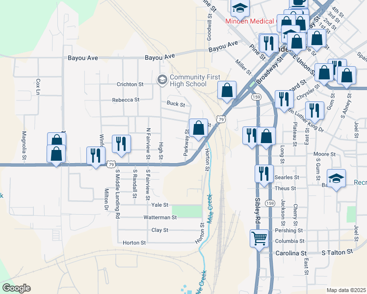 map of restaurants, bars, coffee shops, grocery stores, and more near 201 Parkway Street in Minden
