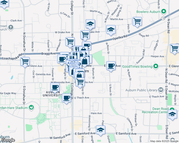 map of restaurants, bars, coffee shops, grocery stores, and more near 230 East Glenn Avenue in Auburn