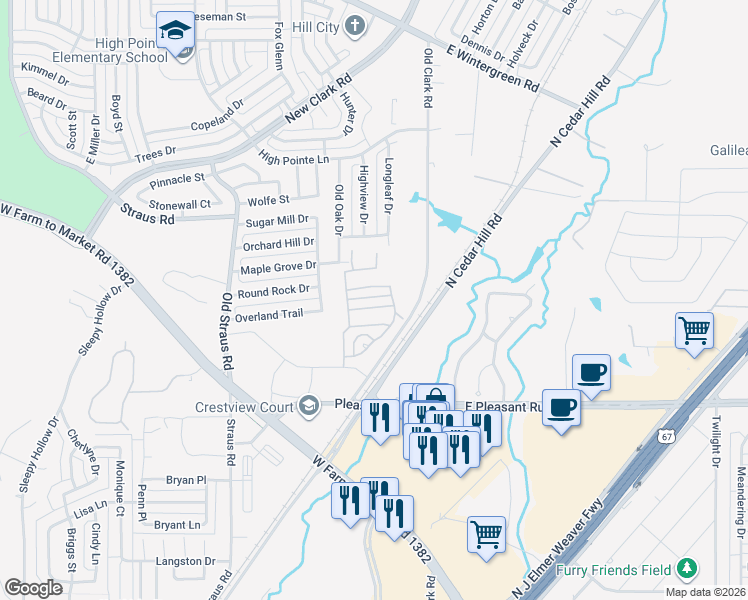 map of restaurants, bars, coffee shops, grocery stores, and more near 115 Crestway Drive in Cedar Hill