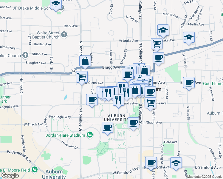 map of restaurants, bars, coffee shops, grocery stores, and more near 316 Genelda Avenue in Auburn