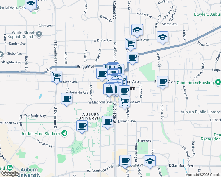 map of restaurants, bars, coffee shops, grocery stores, and more near 165 N College St in Auburn