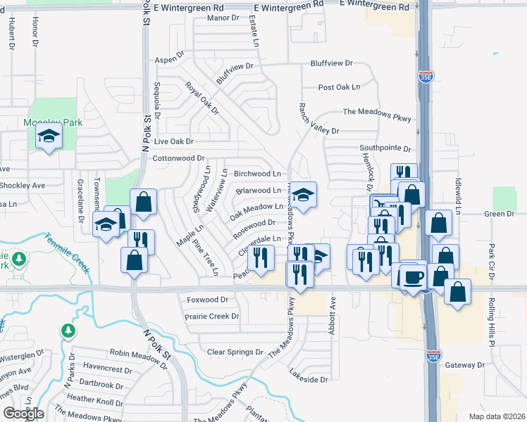 map of restaurants, bars, coffee shops, grocery stores, and more near 1039 Oak Meadow Lane in DeSoto