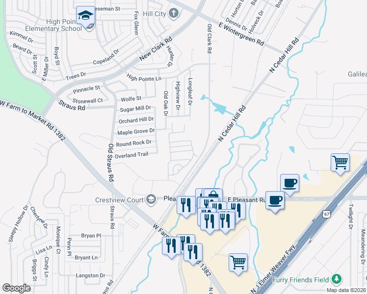 map of restaurants, bars, coffee shops, grocery stores, and more near 115 Crestway Drive in Cedar Hill
