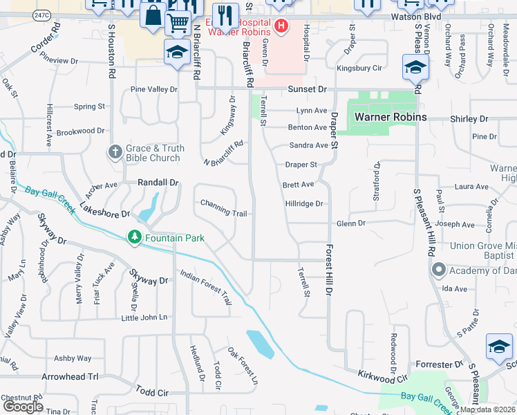map of restaurants, bars, coffee shops, grocery stores, and more near 1010 Briarcliff Road in Warner Robins